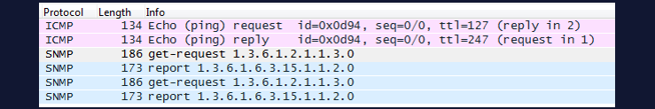 Vue Wireshark - séquence ICMP + SNMP